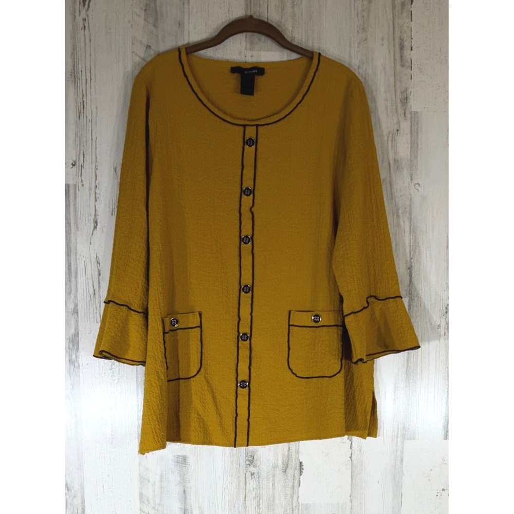 Ali Miles Tunic Top Medium Mustard Yellow Crinkled Button Front Bell Sleeve READ